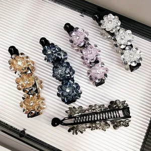 Barrette Banane Élégante à Fleurs en Cristal pour Femme Queue de Cheval Haute Accessoire Cheveux Antidérapant Floral