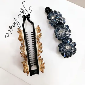 Barrettes à fleurs en cristal élégantes en bleu marine et champagne pour coiffure queue de cheval
