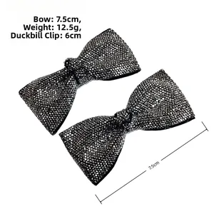 Detail showing dimensions of rhinestone bow hair clip with duckbill attachment