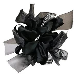 Elegant black satin and organza scrunchie with bows and sparkling silver rhinestones