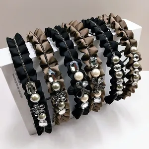 Vintage Geplooide Satijnen Haarband Met Imitatie Kunstparel En Kristallen Strass Elegante Franse Stijl Haarring Voor Vrouwen Feest Sieraden
