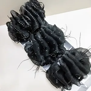 Elegant black cloud bubble gauze hair claw clip with feathers and rhinestones for women