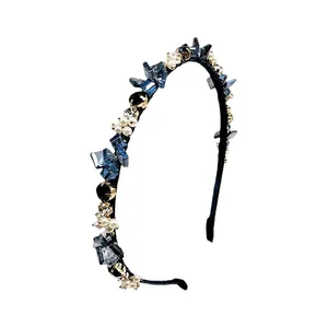 Serre-tête élégant avec cristaux bleu marine et perles pour soirées chics
