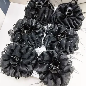 Elegant Large Black Flower Hair Claw Clip Organza Ruffle Feather Rhinestone Shark Clip For Women Fashion Hair Jewelry