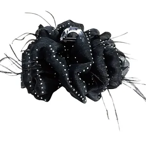 Elegant black bubble gauze flower hair claw with silver rhinestones and feathers decoration