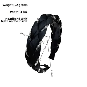 Detailed side view of 3cm wide black braided headband with crystals and anti-slip teeth