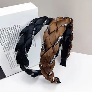 Braided fabric headband with crystals in black and brown colors, wide padded design