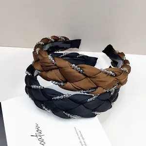 Braided non-slip headband with crystal beads in black and dark brown colors