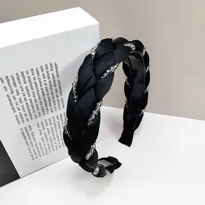 Elegant black braided headband with crystals and non-slip teeth for women fashion