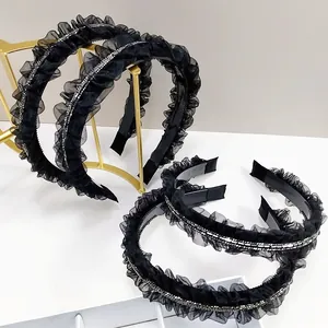 Serre-tête Rétro Français en Maille Plissée Noire Avec Strass Élégant Serre-tête Antidérapant pour Femme Accessoires de Cheveux Mode