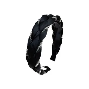 Braided black silk headband with silver crystals and non-slip teeth for women