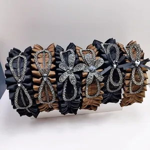 Luxury Pleated Satin Wide Brim Headband For Women Elegant Rhinestone Bow Flower Hair Band Vintage Non-Slip Hair Accessories