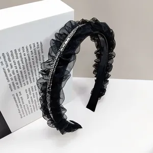 Serre-tête élégant en tulle plissé noir avec strass brillants et dents antidérapantes