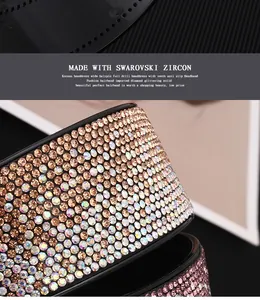 Macro detail of champagne zircons and anti-slip teeth on a wide rhinestone headband