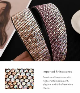 Detailed close-up of wide headband featuring multi-colored crystals and dense rhinestone inlay