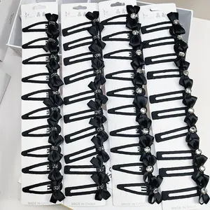 Elegante Schwarze Satin Schleife Haarspangen Mit Funkelnder Strass Dekoration Koreanischer Stil Snap BB Clips Für Damen Schmuck