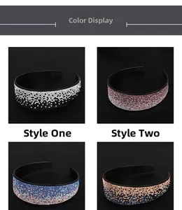 Detail showing four sparkling rhinestone headbands in various color gradients with non-slip teeth