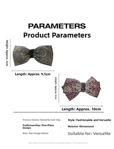 Detail specifications of rhinestone butterfly hair clip with size and material info