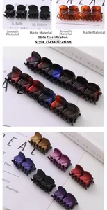 Close-up of mini hair claws in matte and glossy finishes showing various colors