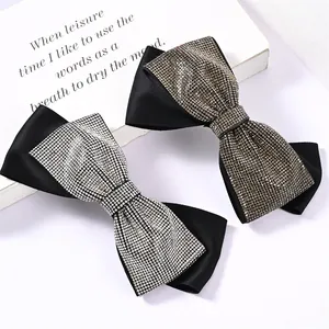 Women Vintage Bow Hair Clip Rhinestone Crystal Inlaid Black Satin Fabric Spring Clip Party Elegant Hair Accessories Gift