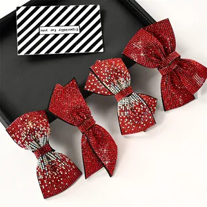 Women Luxury Red Rhinestone Bow Hair Clip Elegant Shiny Crystal Bowknot Hairpin Festive New Year Hair Accessories Headpiece
