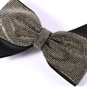 Elegant black bow hair clip with sparkling rhinestones and crystal vintage spring clamp