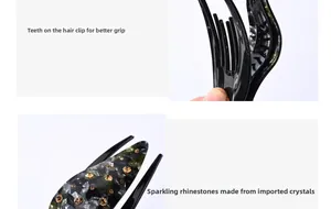 Detail of hair claw with non-slip inner teeth and imported sparkling rhinestones