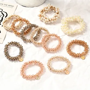 Women Elegant Beaded Elastic Hair Ties Artificial Pearl Crystal Rhinestone Scrunchies Hair Rope Fashion Accessories Bracelet Dual Use
