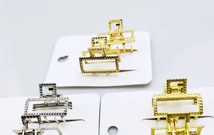 Detail van rechthoekige metalen haarklemmen in goud en zilver met gedraaide textuur