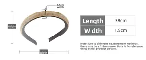 Guide des tailles montrant la longueur 38cm et largeur 1,5cm du serre-tête strass
