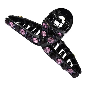 Pinza para el pelo elegante con diamantes de imitación rosa y púrpura en negro brillo