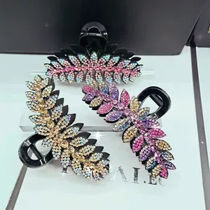Sparkling rhinestone leaf hair claw clips in three colors for elegant hairstyles