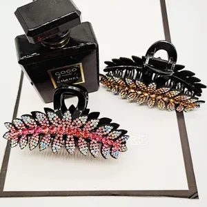 Sparkling rhinestone shark hair clips with elegant leaf pattern and colorful crystals