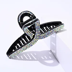 Elegant Rhinestone Hair Claw Clip For Women Black Resin Shark Clip With Crystals Geometric Hair Catch Hair Accessories