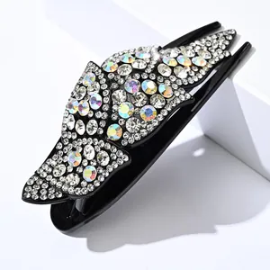 Pinza francesa vintage de resina negra con brillantes diamantes de imitación en hojas