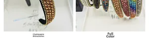 Detail of wide headband featuring champagne rhinestones and soft black velvet lining