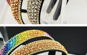 Macro close-up showing high-density sparkling rhinestones on a wide headband band