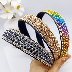Vintage Luxury Rhinestone Padded Headband For Women Wide Chain Edge Sparkling Crystal Hair Hoop Wedding Party Hair Accessory