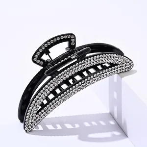 Elegant large black hair claw clip with crystal rhinestones for thick hair