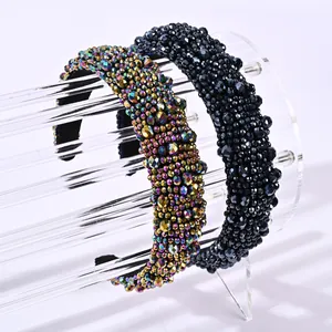 Elegant wide sponge headbands with iridescent and black crystal beads in Baroque style