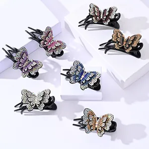 Elegant Rhinestone Butterfly Hair Claw Clip For Women Double Layer Full Crystal Hair Clamp Sparkling Hair Accessories