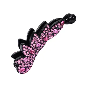Banana hair clip in black resin with pink rhinestone flower patterns for women