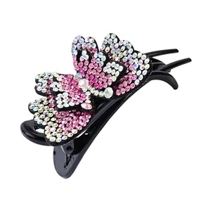 Elegant double-layered butterfly hair claw clip with colorful rhinestones on black plastic