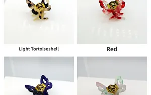 Vues détaillées de petites pinces à cheveux papillon en écaille, rouge et violet