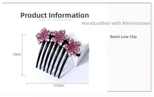Detailed view showing dimensions 10.8x10cm of resin flower hair comb with pink crystals