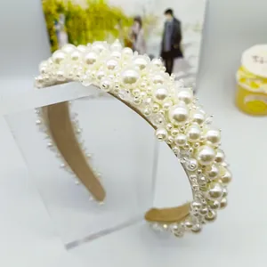 Diadema Ancha Barroca Francesa con Cuentas de Perlas Artificiales Elegantes Accesorios para el Cabello de Novia para Mujer Lujosa Banda para el Cabello Blanco Crema