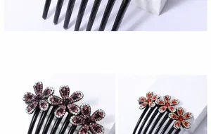 Macro shot of 7-tooth hair comb with rhinestone flower detail in purple and mahogany
