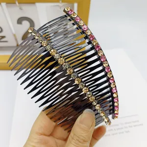 Curved hair comb slide with double rows of pink and champagne rhinestones for hair styling