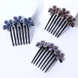 Elegante haarkam met 7 tanden en strassteentjes in blauw, paars en bronsroze set