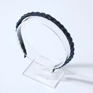 Elegant beaded braided headband featuring multicolored beads in dark blue and purple tones